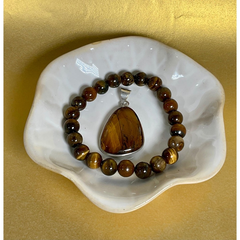 Tiger Eye Stone Bracelet and‎ Pendant Set, Healing Crystal Gemstone Jewelry